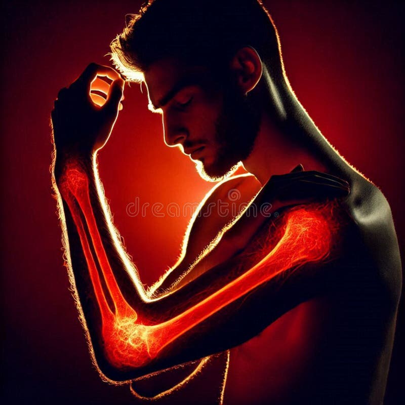 Medicinsk silhuett av människan som håller armbågglödande orange röd på mörk bakgrund vektor illustrationer