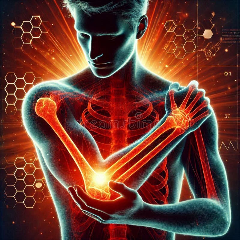 Medicinsk silhuett av människan som håller armbågglödande orange röd på mörk bakgrund stock illustrationer