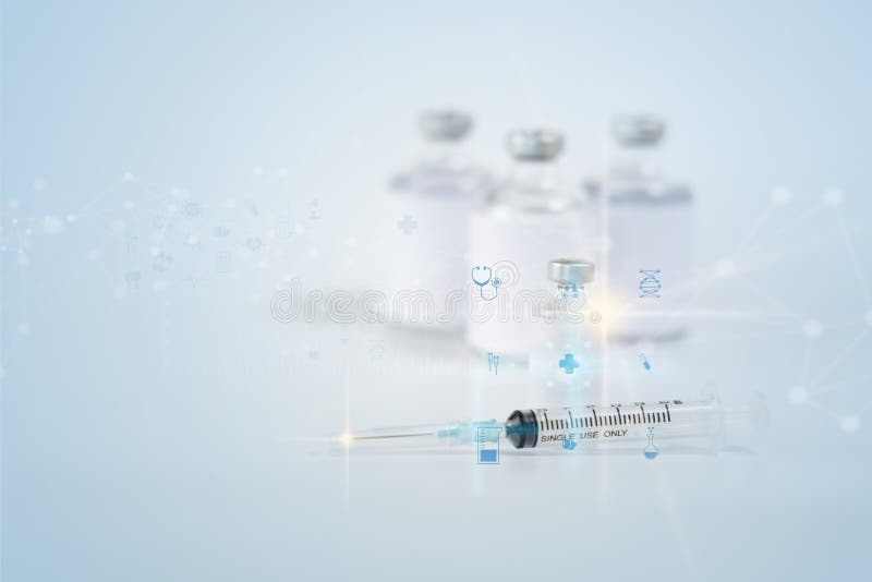 Medicinsk teknik och futuristisk injektionsvaccin mot influensa antibiotika på sjukhusmedicin och hälso- och sjukvård arkivbilder