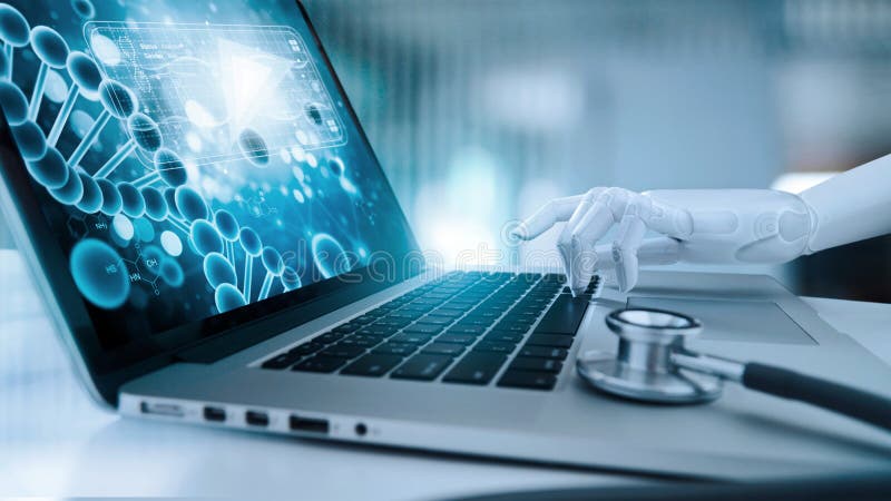 Medicinska robothandtag som rör bärbara datorer och analysdata - mänskligt DNA AI artificiell intelligens, innovation och framtid fotografering för bildbyråer