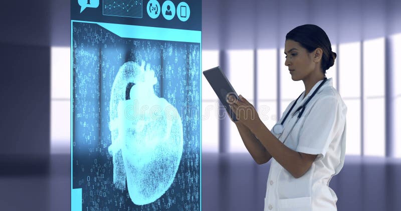 Medico che osserva icone mediche generate digitalmente sulla tavoletta illustrazione di stock