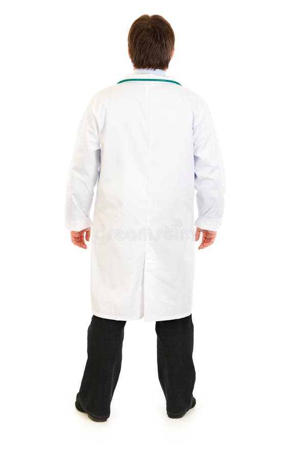 Medical doctor standing back to camera isolated on white. Medical doctor standing back to camera isolated on white