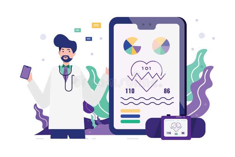 Medico con i dispositivi e la domanda astuti di salute illustrazione vettoriale Medico con i dispositivi e la domanda astuti di salute illustrazione vettoriale