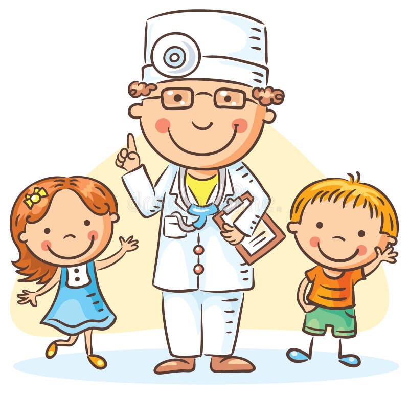 Medico del fumetto con i piccoli bambini felici, un ragazzo e una ragazza illustrazione vettoriale Medico del fumetto con i piccoli bambini felici, un ragazzo e una ragazza illustrazione vettoriale