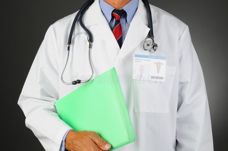 Closeup of a Middle Aged Medical Professional with a stethoscope around his neck holding a patients files. Man is unrecognizable, Id Badge shows his picture. Horizontal on a light to dark background. Closeup of a Middle Aged Medical Professional with a stethoscope around his neck holding a patients files. Man is unrecognizable, Id Badge shows his picture. Horizontal on a light to dark background.