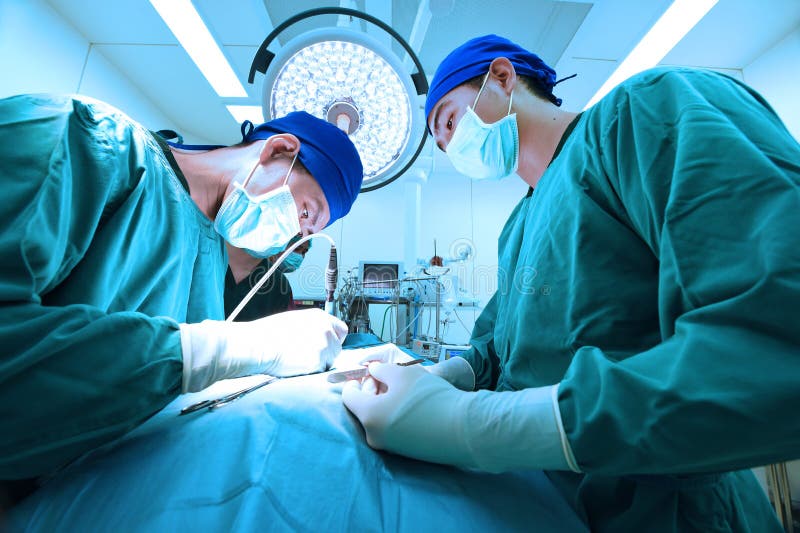 Medico di due veterinari che lavora nella presa della sala operatoria con illuminazione di arte ed il filtro blu immagini stock libere da diritti Medico di due veterinari che lavora nella presa della sala operatoria con illuminazione di arte ed il filtro blu immagini stock libere da diritti