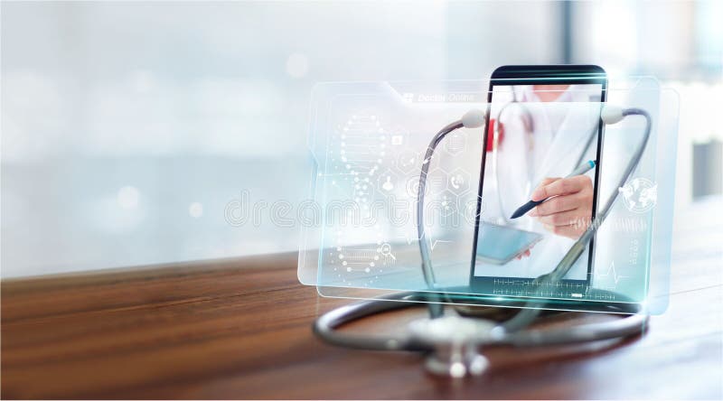Medico online, comunicazione medica online con il paziente su interfaccia virtuale, consultazione online e medica, ospedale virtu