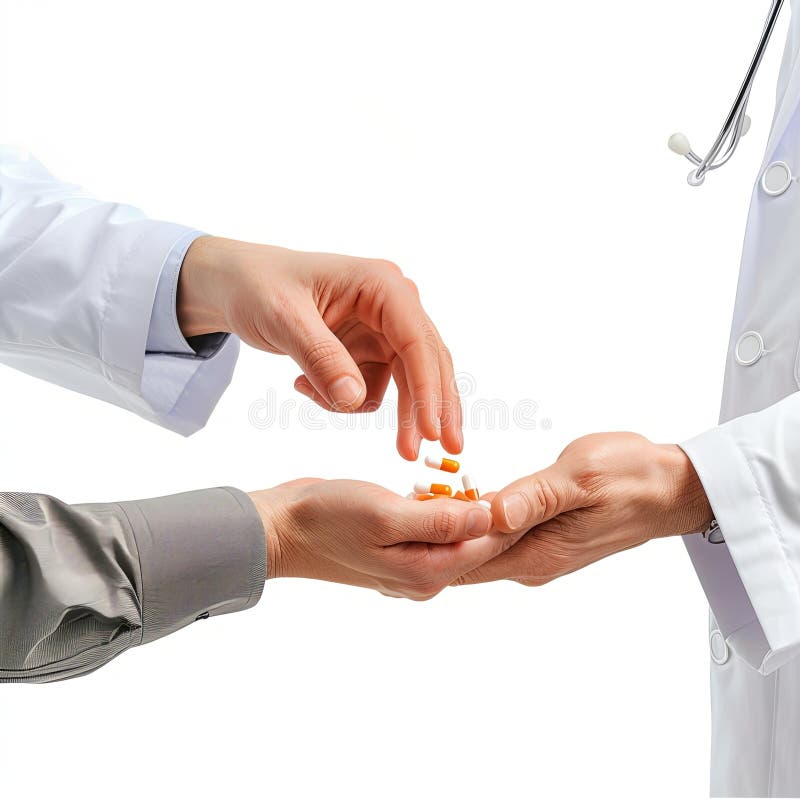 Medico professionista che fornisce medicinali al paziente con pillole colorate in ambulatorio royalty illustrazione gratis