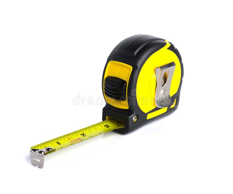 Medida amarela da ferramenta da construção no fundo branco fotografia de stock Medida amarela da ferramenta da construção no fundo branco fotografia de stock