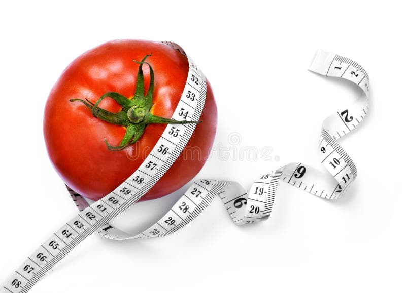 Medida encaracolado da fita e o tomate imagens de stock royalty free Medida encaracolado da fita e o tomate imagens de stock royalty free
