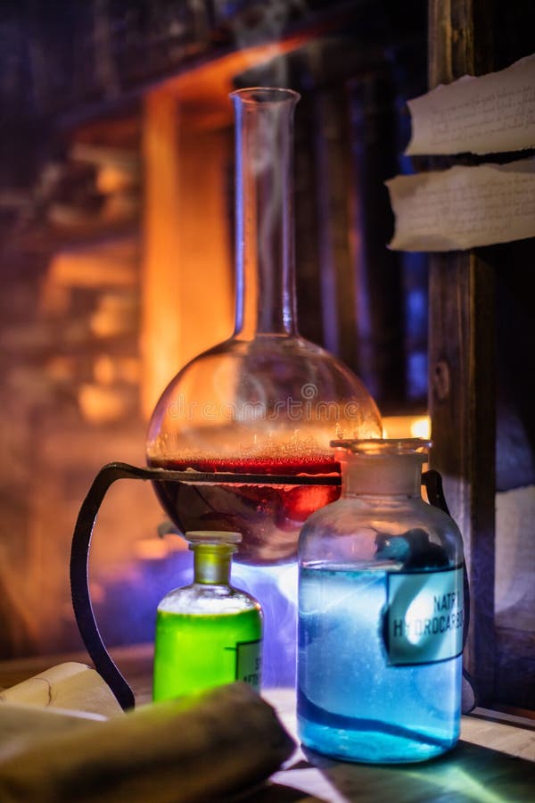 Medieval alchemist laboratory with various kind of flasks in Prague, czech republic