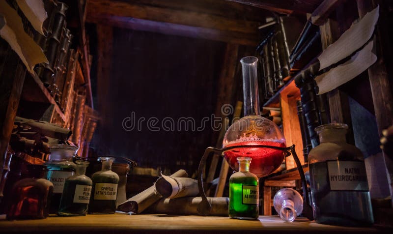 Medieval alchemist laboratory with various kind of flasks in Prague, czech republic