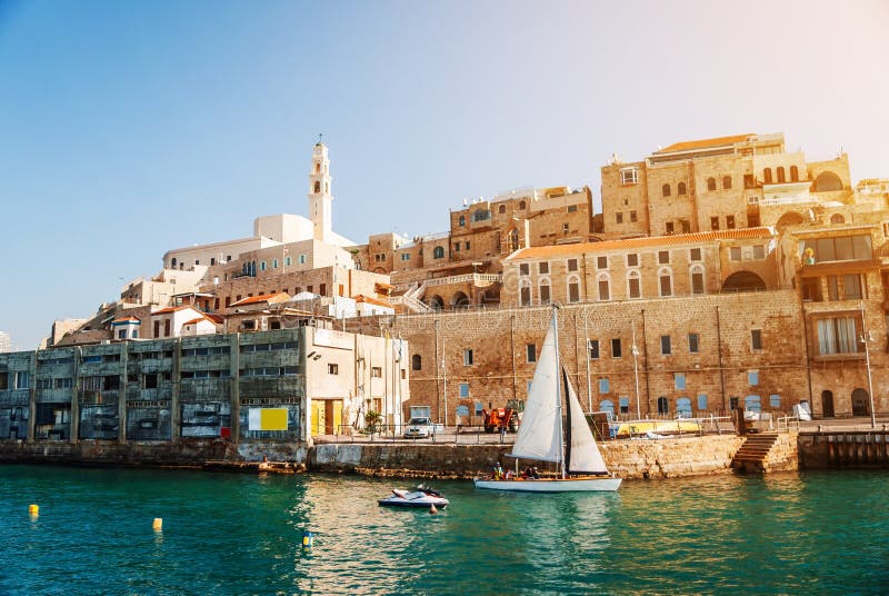 Medieval ancient city ashore sea in israel stock photography