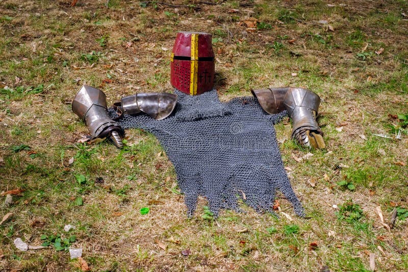Helmet Of Medieval Knight On Grass. Knight`s Armor_ Stock Image Image