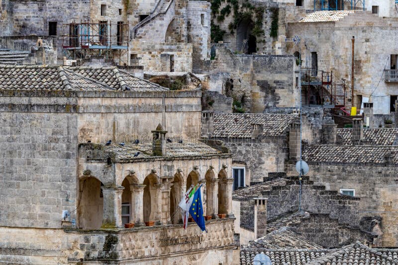 Medieval balcony with flags of Matera, Italy, EU