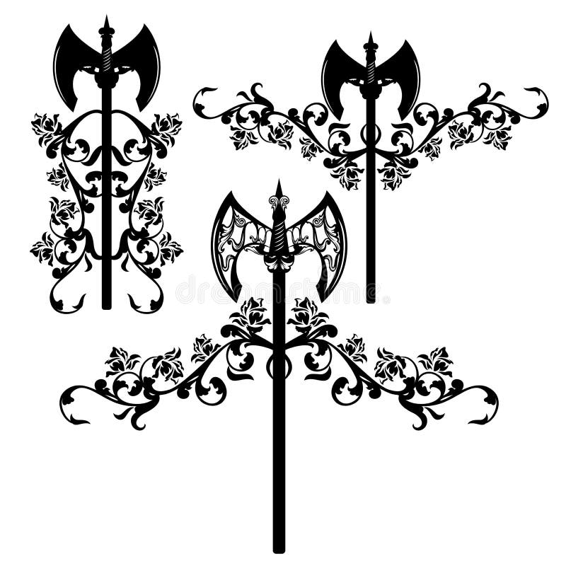 Medieval Battle Axe and Rose Flowers Black Vector Design Set Stock ...