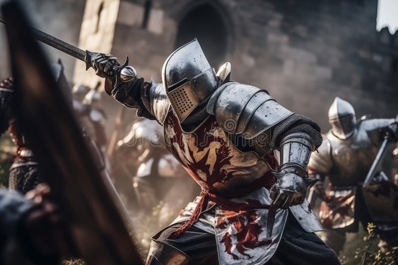 Bătălia medievală din curtea castelului medieval. ai generativ stock photography