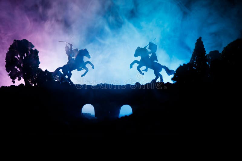 Medieval battle scene on bridge with cavalry and infantry. Silhouettes of figures as separate objects, fight between warriors on d