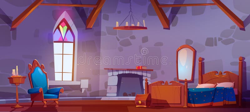 Medieval castle bedroom interior with furniture