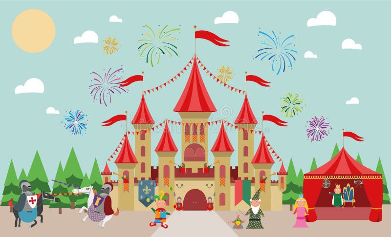 Medieval Castle with characters (king, princess, magician, knights and jester) and fireworks. royalty free illustration Medieval Castle with characters (king, princess, magician, knights and jester) and fireworks. royalty free illustration