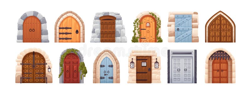 Medieval castle doors set. Old vintage entrances from wood, metal. Ancient front portals, entries, doorways to palace