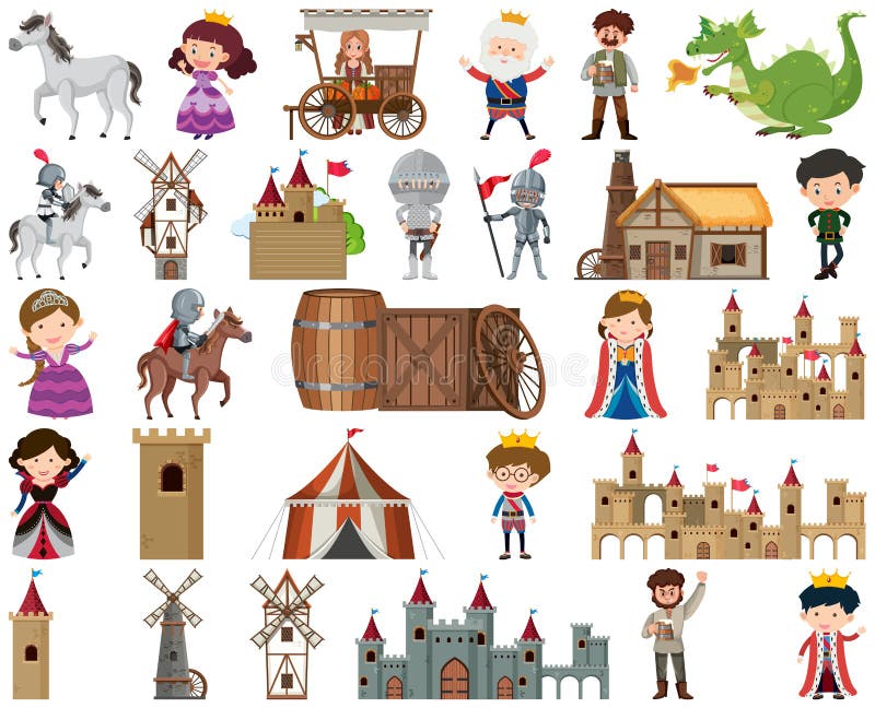 Medieval Characters Buildings Set Stock Vector - Illustration of king ...