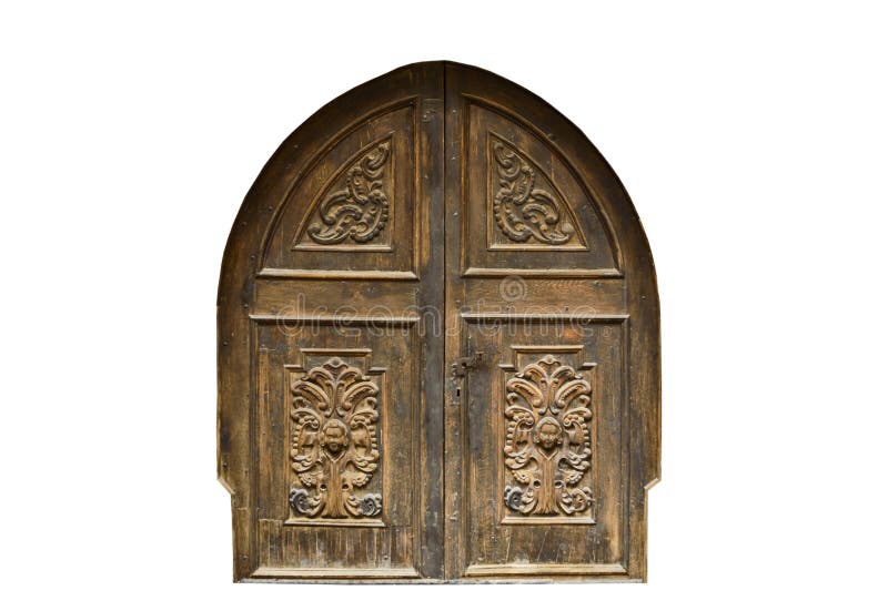 Medieval church door on white