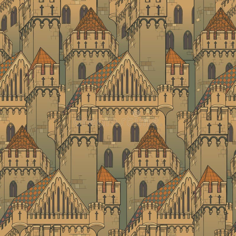 Medieval city architecture. Seamless pattern in a style of a medieval tapestry or illuminated manuscript. EPS10 vector illustration