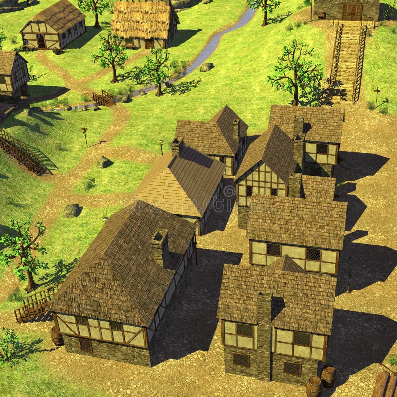 Medieval country village. 3d render of medieval country village royalty free illustration Medieval country village. 3d render of medieval country village royalty free illustration