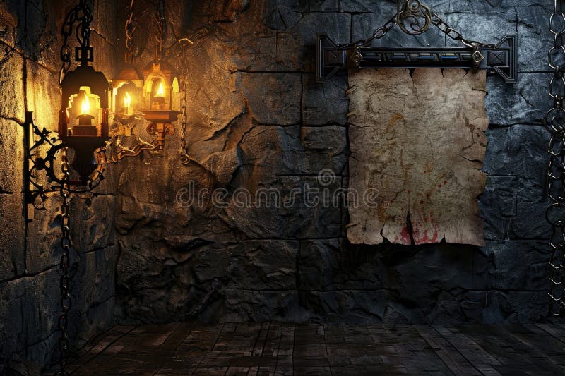 A medieval dungeon with flickering torches, iron chains, and a blank, blood stained parchment for text stock illustration