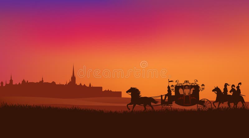 Medieval fairy tale kingdom vector scene with carriage, knights riding horses and city skyline