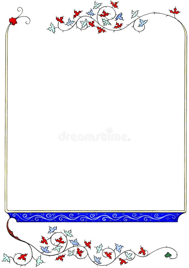 Medieval hand drawn floral frame isolated on white background. Medieval book page border with blank space in the center