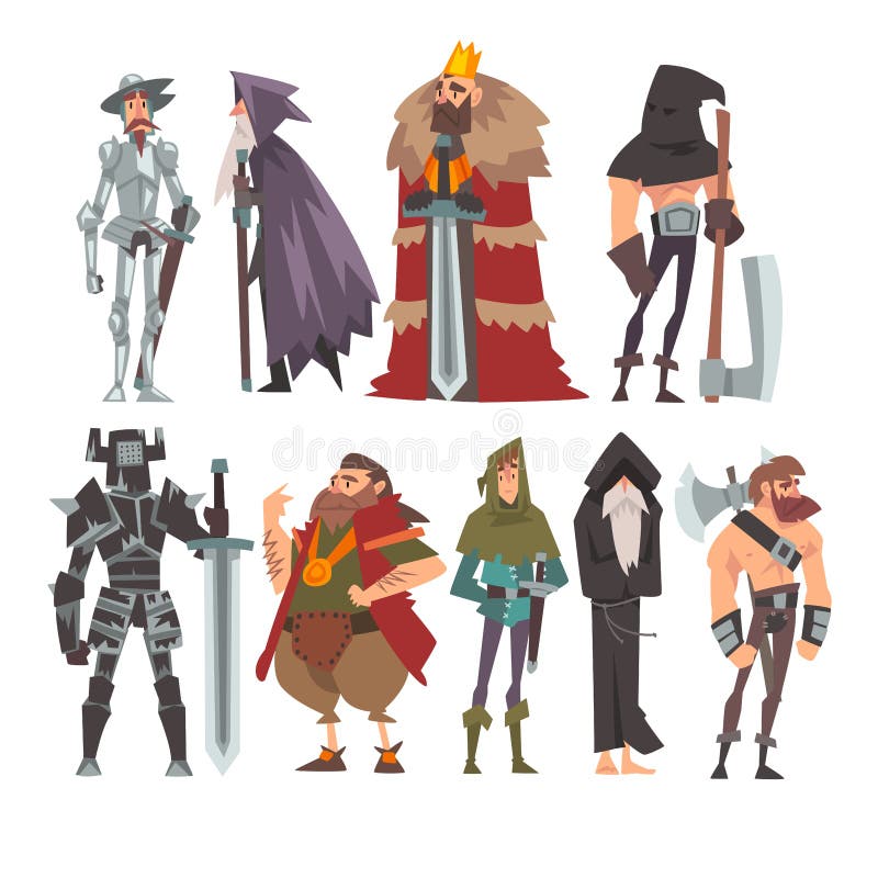 Medieval Historical Cartoon Characters in Traditional Costumes Set, Warrior, King, Knight, Old Wizard, Monk, Executioner. Medieval Historical Cartoon Characters stock illustration Medieval Historical Cartoon Characters in Traditional Costumes Set, Warrior, King, Knight, Old Wizard, Monk, Executioner. Medieval Historical Cartoon Characters stock illustration