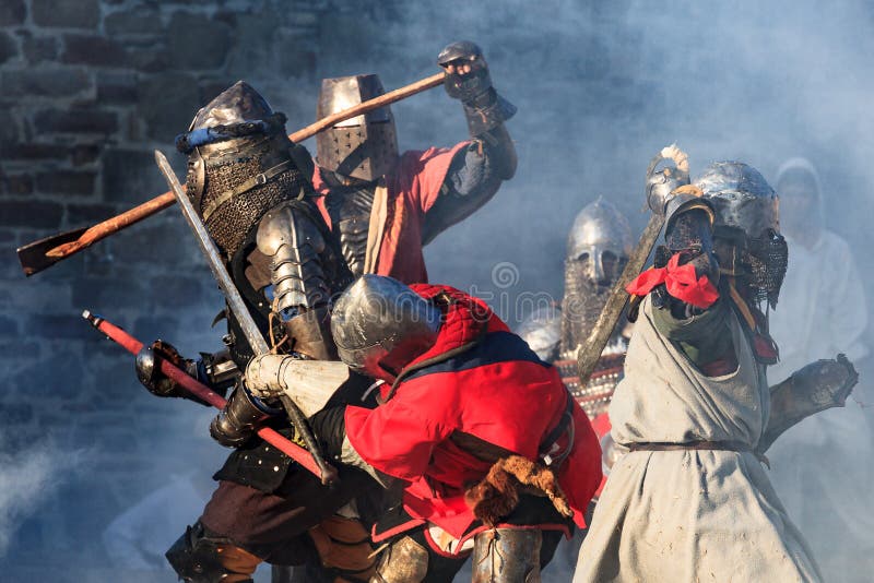 Medieval knights in severe battle action