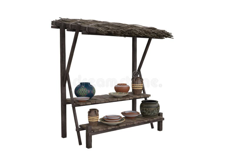 Medieval market stall selling pottery and crockery. Isolated 3D rendering. Additional transparent PNG. Medieval market stall selling pottery and crockery. Isolated 3D rendering. Additional transparent PNG.