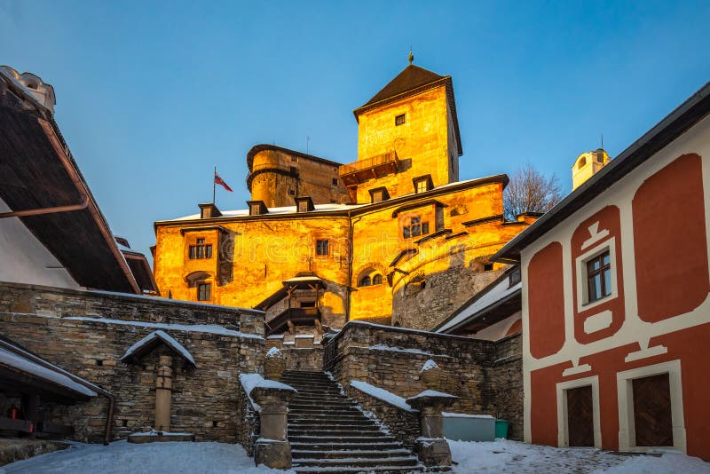 The medieval Orava Castle at sunset in winter season, Slovakia