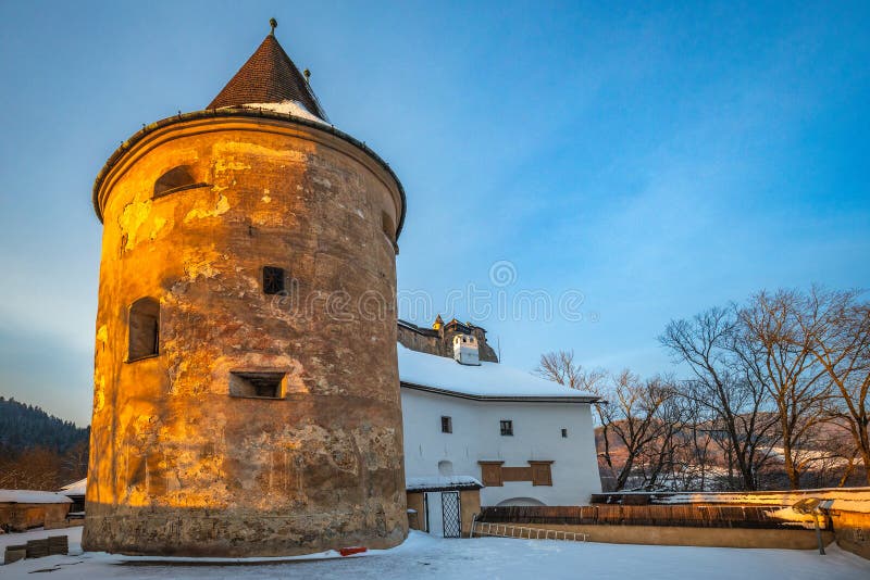 The medieval Orava Castle at sunset in winter season, Slovakia