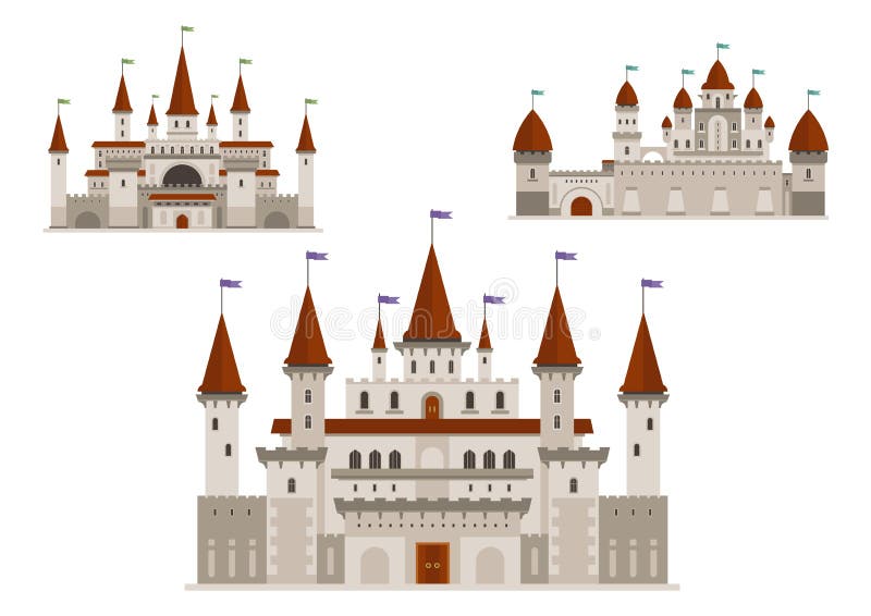 a painting of a Castle with towers and walls flags