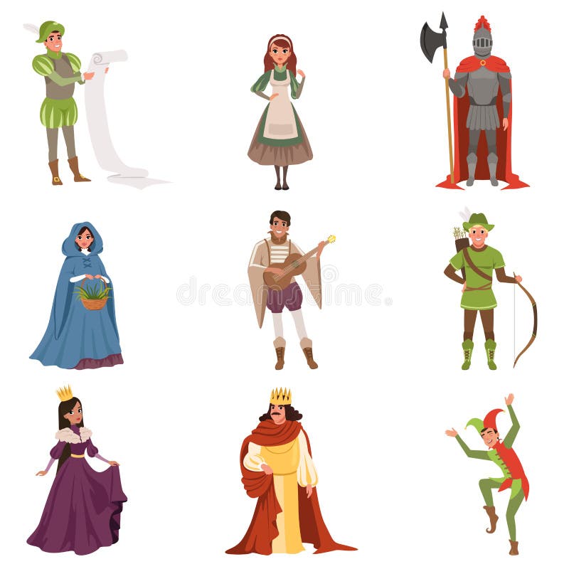 Medieval people characters of European middle ages historic period vector Illustrations