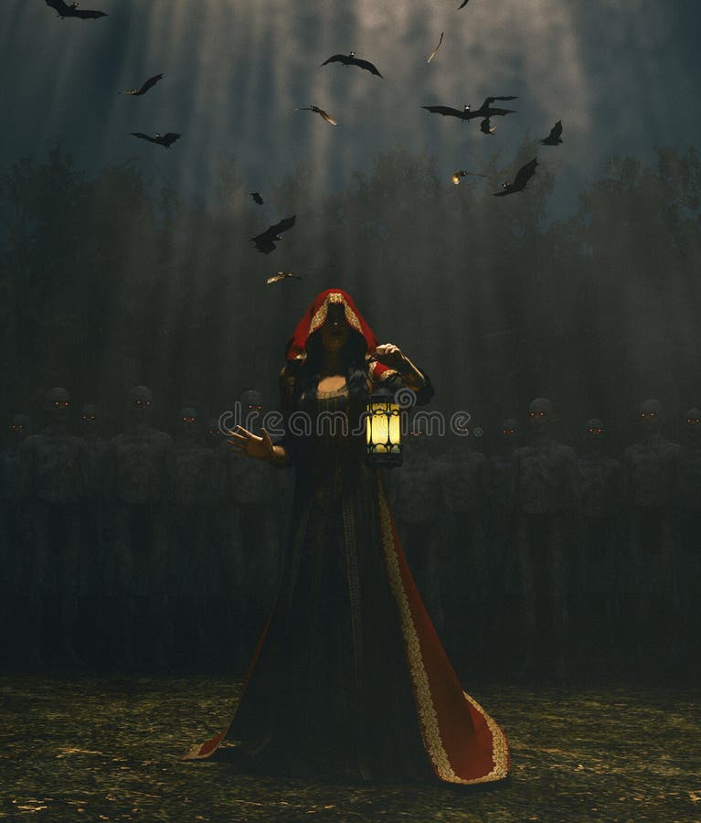 Medieval princess with lantern at night surrounded by the undead