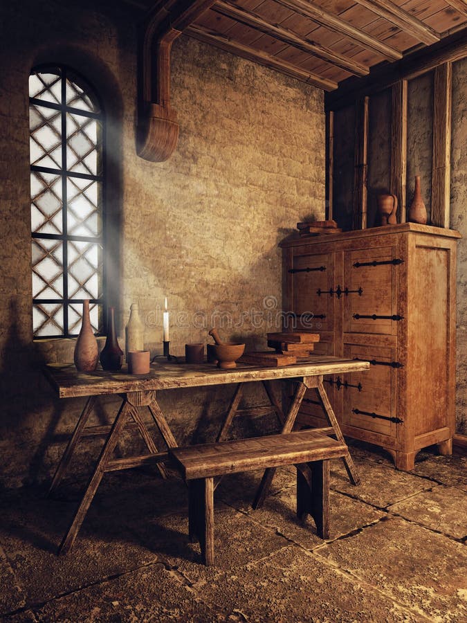 Medieval Room With Wooden Furniture Stock Illustration 