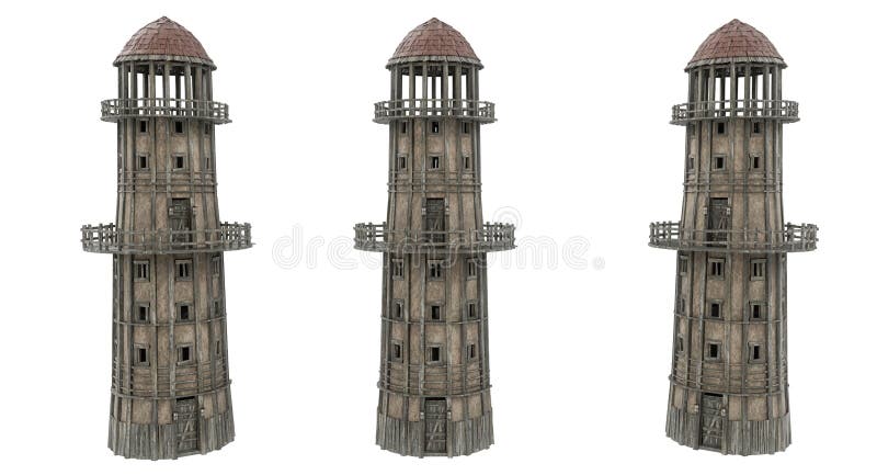 Medieval round watch tower with lookout balcony. 3D illustration with 3 different angles isolated on white