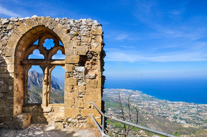 Medieval ruins of the St. Hilarion Castle offering an amazing view over the landscape of Cypriot Kyrenia region and Mediterranean