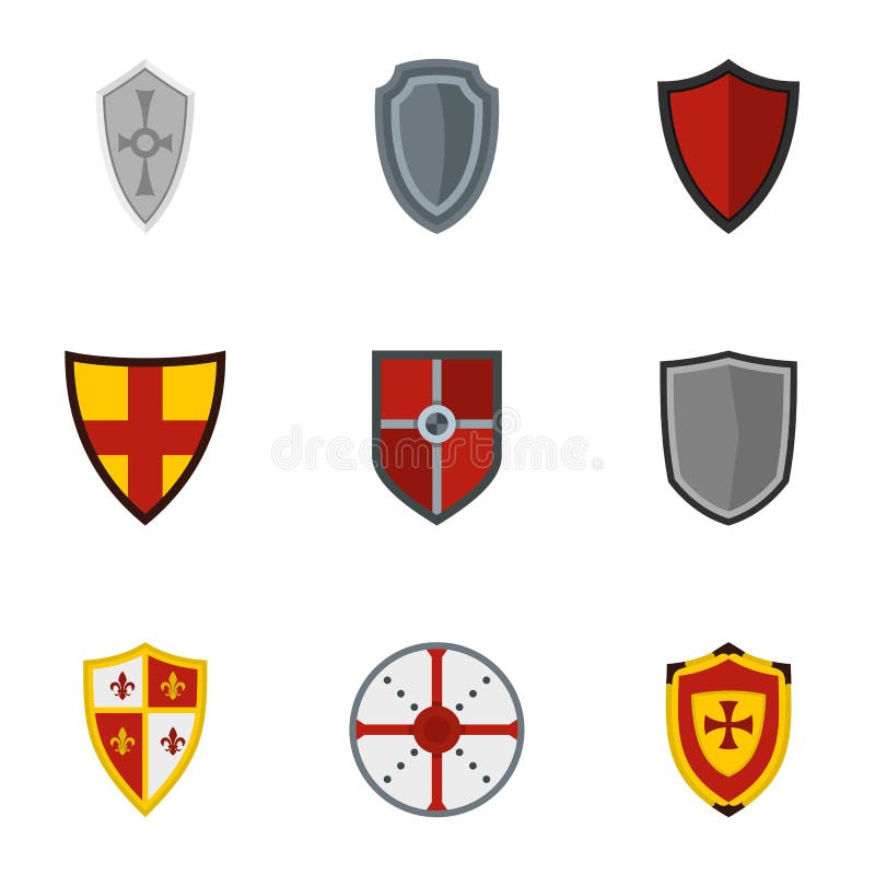 Medieval Shield Icons Set, Flat Style Stock Vector Illustration of