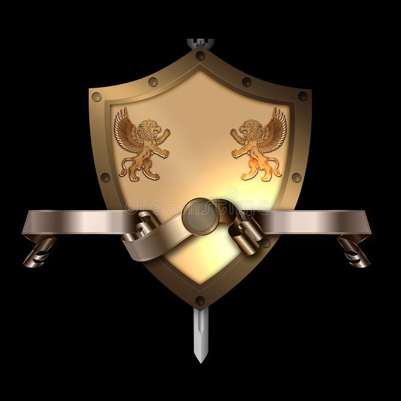 Medieval Shield With Sword And Gold Ribbon. Stock Illustration