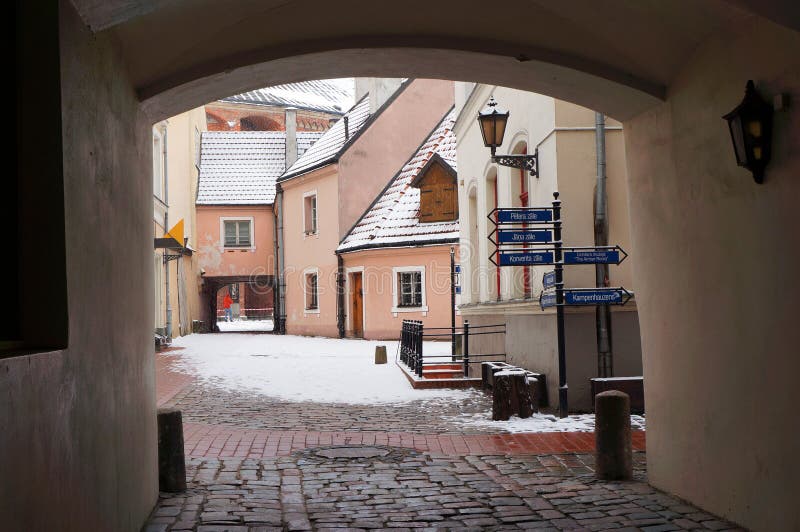 Medieval street in Old Town of Riga city, Latvia in winter