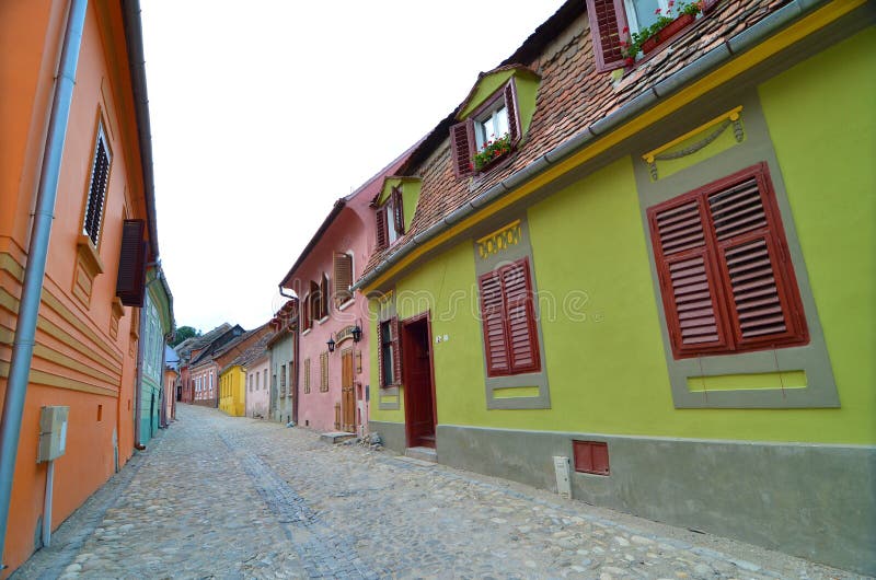 Medieval street view in Sighisoara, Romania royalty free stock image Medieval street view in Sighisoara, Romania royalty free stock image