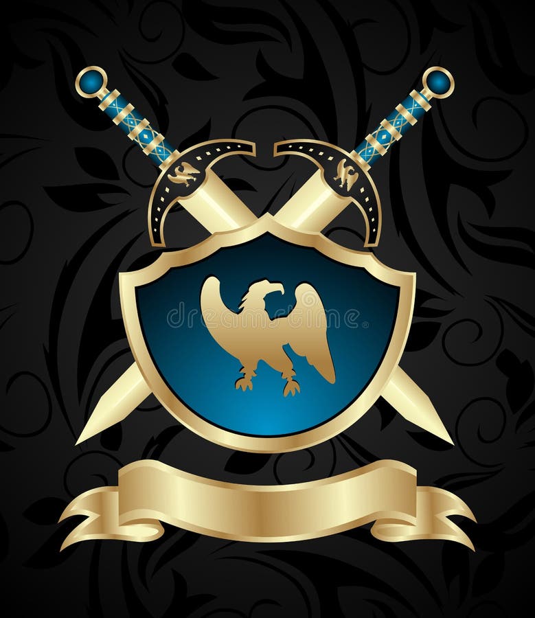 Illustration medieval swords and golden shield - vector. Bulat vectors