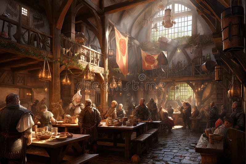 Medieval tavern filled with knights and peasants, where servers clad in period costumes deliver hearty stews and tankards of ale