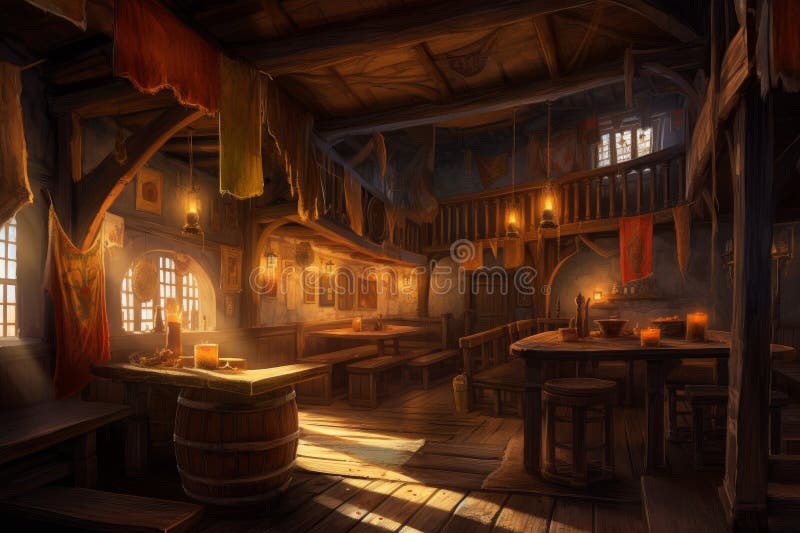 Interior of a crowded fantasy medieval night club